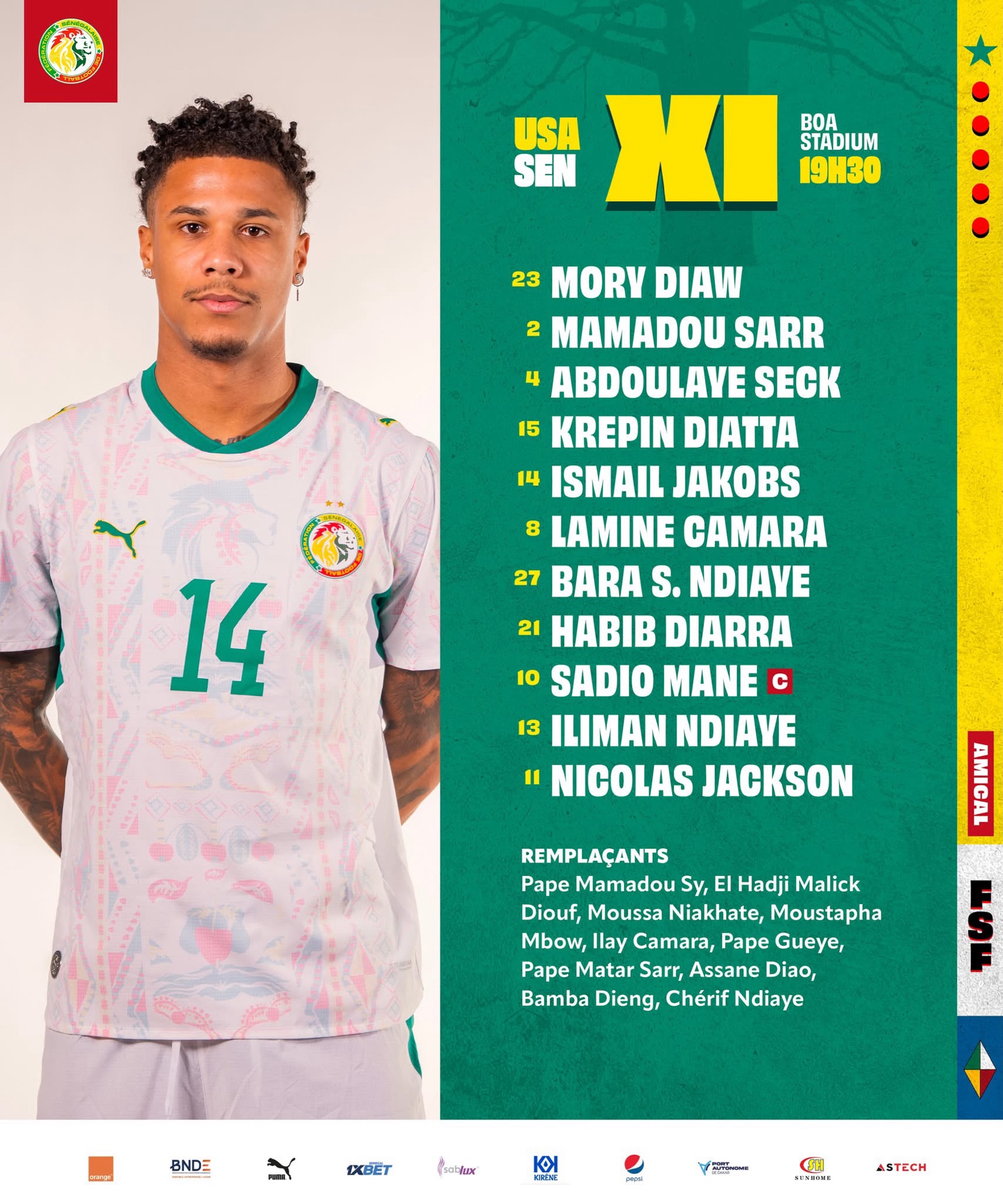 Match amical Sénégal-États-Unis : Mory Diaw dans les buts, Sadio Mané mène l’attaque